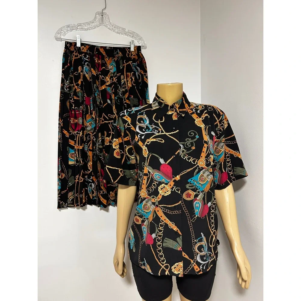Alfred Dunner Vintage 2 Piece Set LARGE Black Equestrian Chain Print Skirt